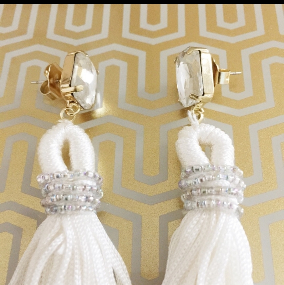 WHITE TASSEL EARRINGS WITH BEADING & SQUARE CRYSTAL DETAIL